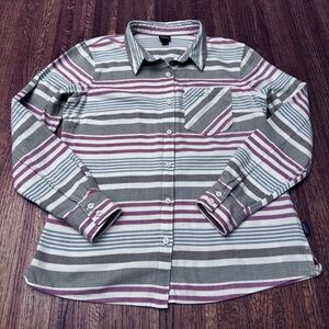 PATAGONIA Women’s Organic Cotton Button Up Blouse: teal, salmon, pale green sz 4
